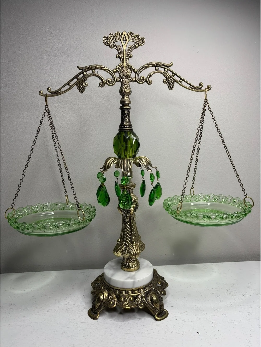 Vintage L and L WMC Scales of Justice Marble Base Green Teardrop Prism